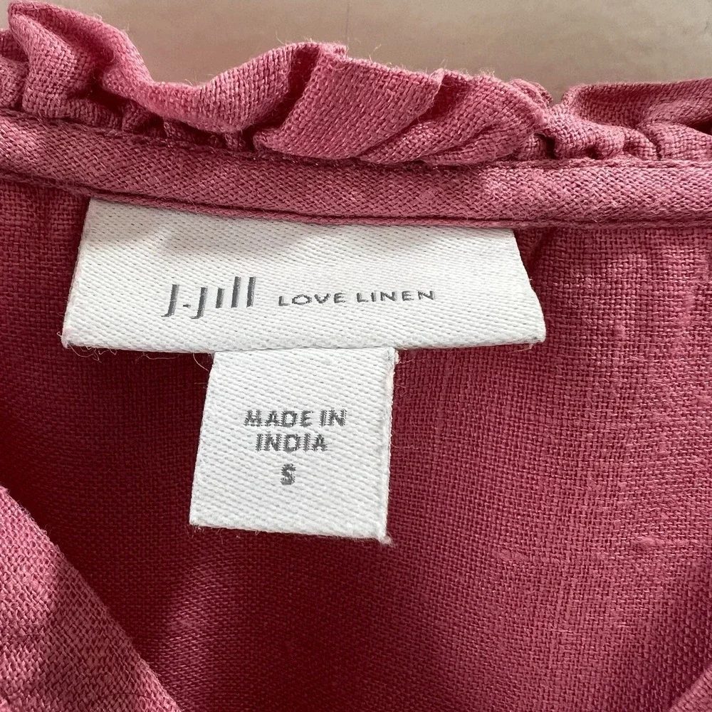 J Jill Womens Linen Ruffle Blouse S‎ Pink Cottagecore Romantic Resort Breathable